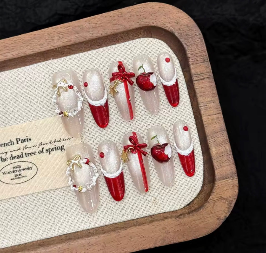 Winter Glow I Handmade Press on nails I White glitter red ribbon