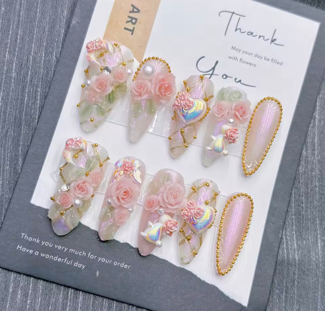Rosie Fantasy I Handmade Press on Nails I Flowers & Rhinestones