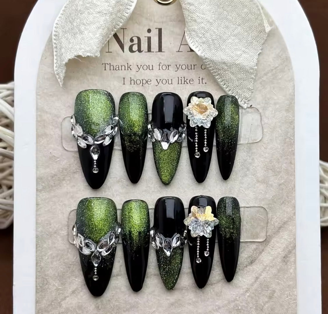 Dark Forest I Handmade Press on Nails I Rhinestone & Green Glitter Chrome