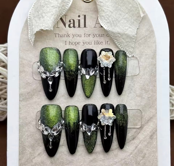 Dark Forest I Handmade Press on Nails I Rhinestone & Green Glitter Chrome