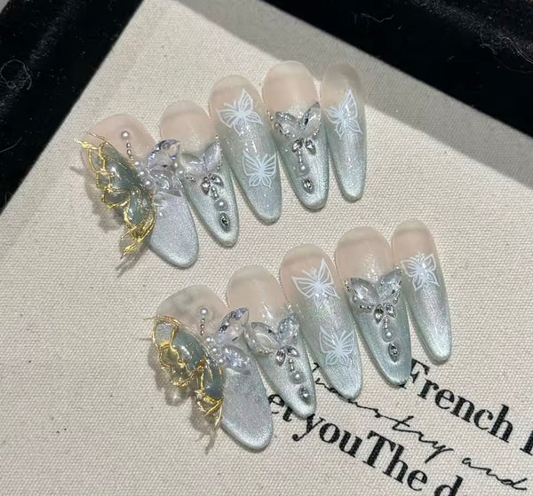 Shimmer Butterfly I Handmade Press on Nails I Rhinestone & Art