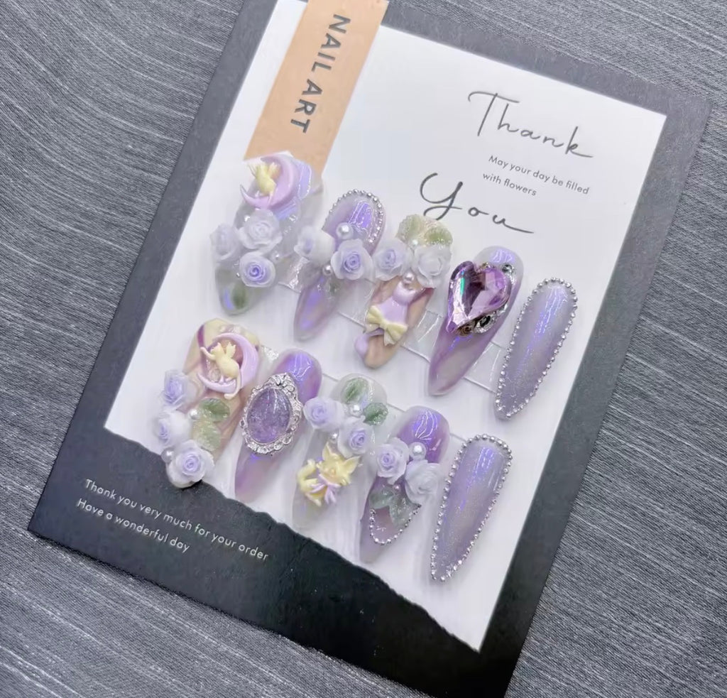 Lavender Haze I Handmade Press on Nails I Purple Flowers & Rhinestone Art