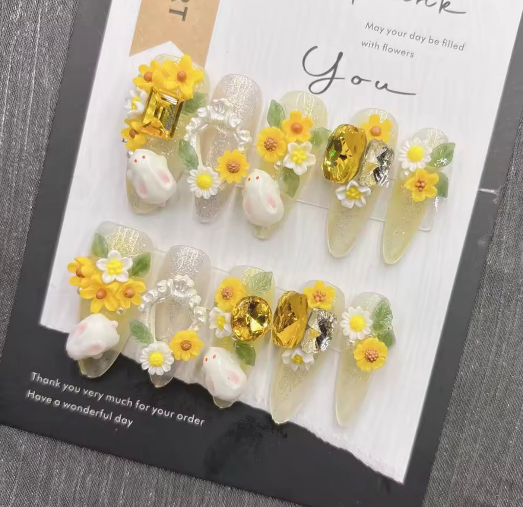 Sunny Bunny I Handmade Press on Nails I Resin Bunny with Sunflowers & Rhinestones