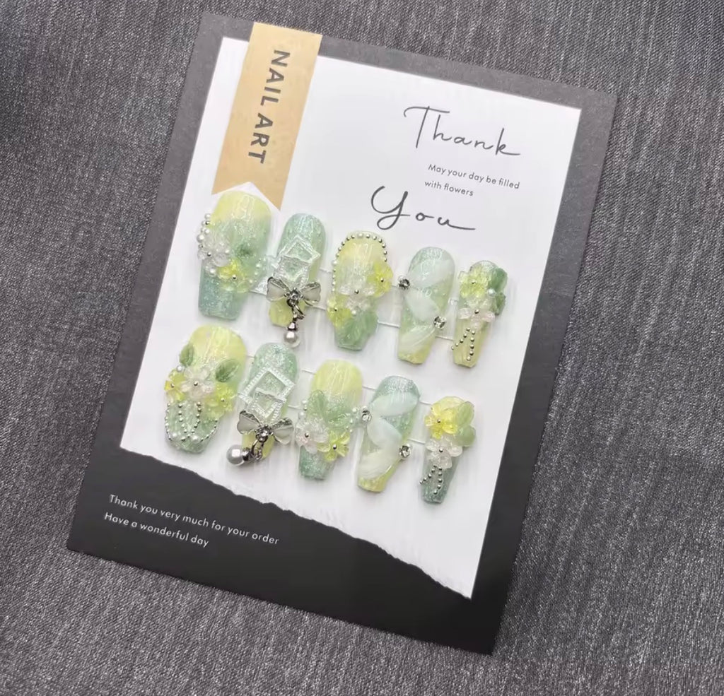 Baby Green I Handmade Press on Nails I Soft Pastel Green Color with Art, Pearls & Beads