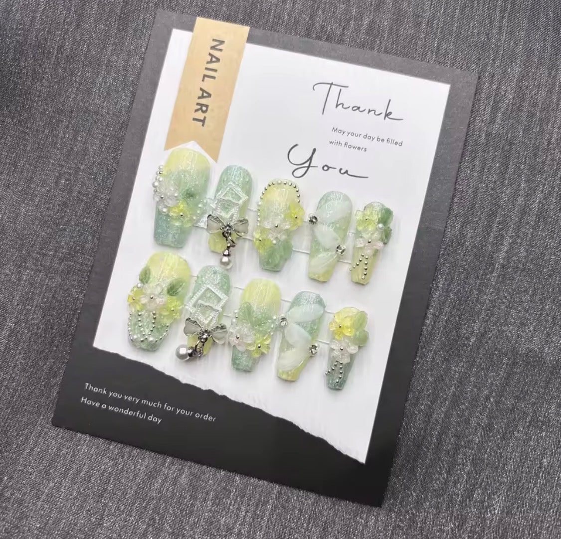Baby Green I Handmade Press on Nails I Soft Pastel Green Color with Art, Pearls & Beads