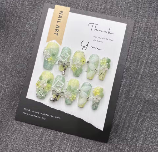 Baby Green I Handmade Press on Nails I Soft Pastel Green Color with Art, Pearls & Beads