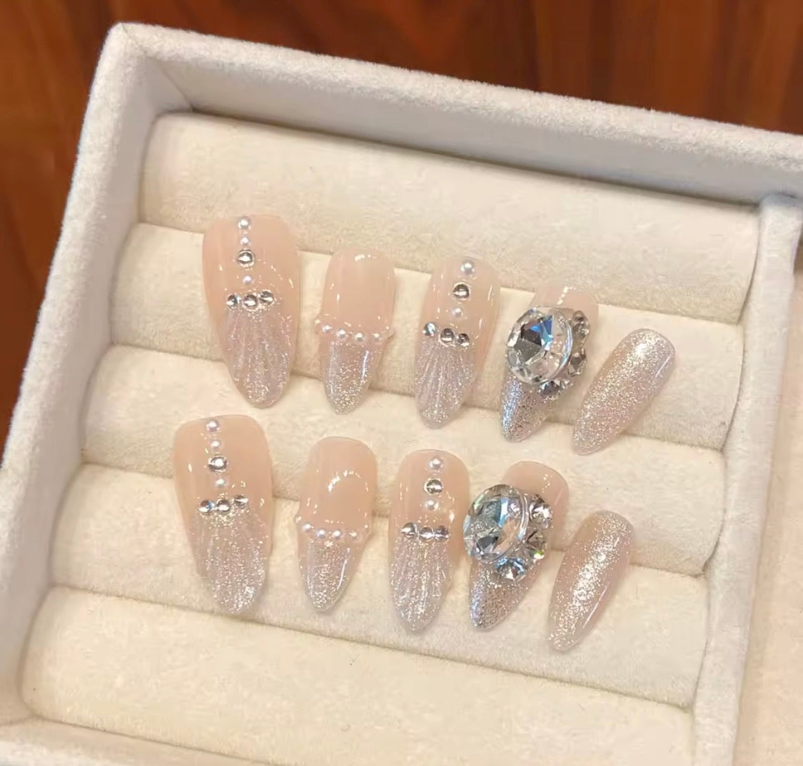 Mermaids Wave I Handmade Press on Nails I White Diamond Glitter